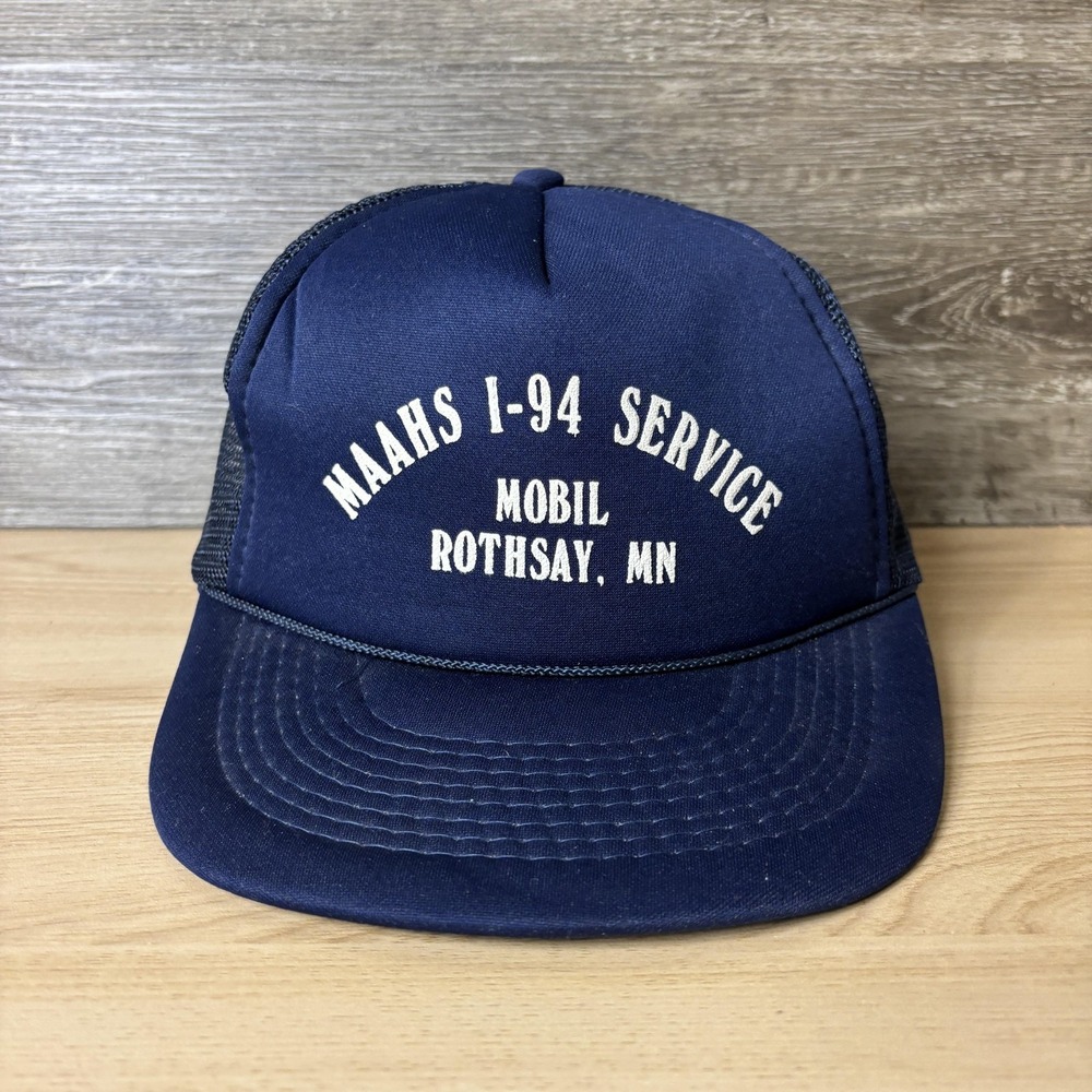 VINTAGE Mobil Hat Cap Snap Back Navy Trucker Mesh Maahs I-94 Service Mens 90s